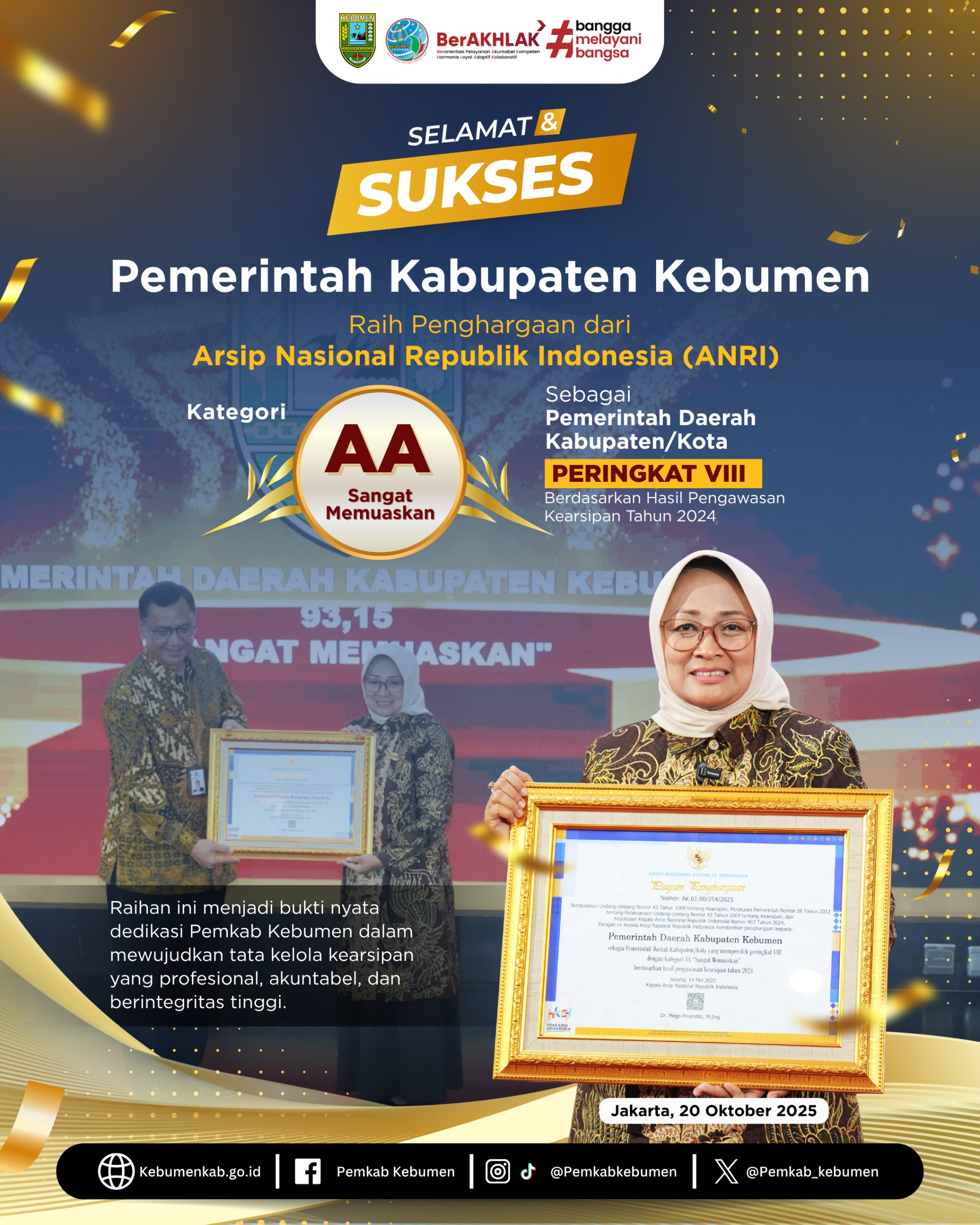 Pemerintah Kabupaten Kebumen Raih Penghargaan Kearsipan Nasional, Catat Nilai 93,15 Kategori Sangat Memuaskan