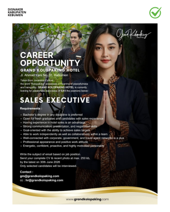 Lowongan Kerja Grand Kolopaking Hotel Kebumen (Sales Executive)