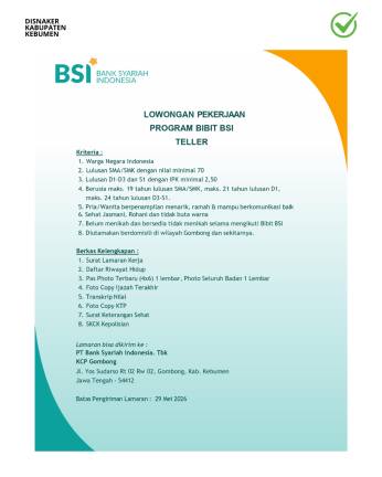 Lowongan Kerja Bank Syariah Indonesia (Teller)