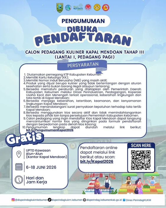 Pemerintah Kabupaten Kebumen Buka Pendaftaran Calon Pedagang Kuliner Kapal Mendoan Tahap III, Gratis!