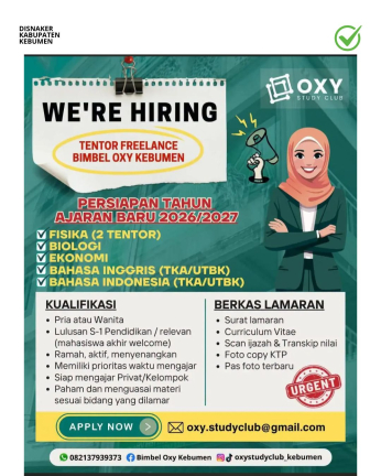 Lowongan Kerja Oxy Study Club Kebumen (Tentor Freelance)