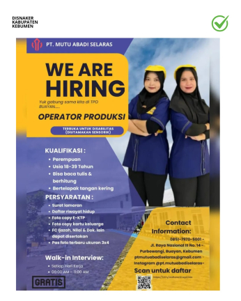 Lowongan Kerja PT. Mutu Abadi Selaras (Operator Produksi)
