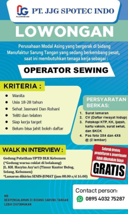 Lowongan Kerja PT. JJG JG Spotec Indo (Operator Sewing)
