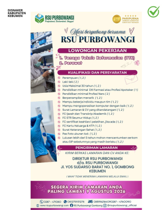 Lowongan Kerja Terbaru: RSU Purbowangi Gombong (Tenaga Teknis Kefarmasian dan Perawat)