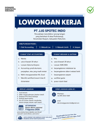 Lowongan Kerja Kebumen Staf Accounting, Mekanik, dan Satpam PT JJG SPOTEC INDO