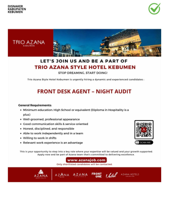 Lowongan Kerja Trio Azana Style Hotel Kebumen (Front Desk Agent – Night Audit)