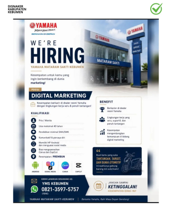 Lowongan Kerja Yamaha Mataram Sakti Kebumen (Digital Marketing)