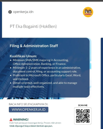 Lowongan Kerja PT Eka Bogainti (HokBen) (Filing & Administration Staff)