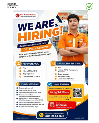 Lowongan Kerja Trio Plaza Kebumen(Pramuniaga dan Staff Admin Receiving)