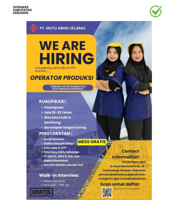 Lowongan Kerja PT Mutu Abadi Selaras (Operator Produksi)