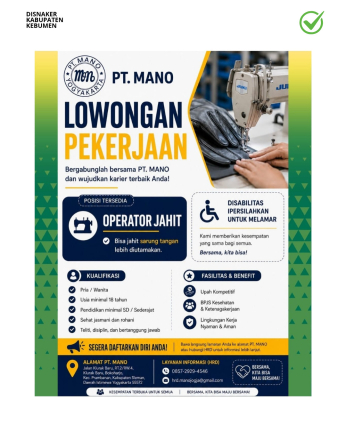 Lowongan Kerja PT. Mano Yogyakarta Posisi Operator Jahit (Terbuka untuk Disabilitas)