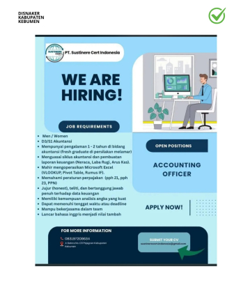 Lowongan Kerja PT Sustinere Cert Indonesia (Accounting Officer)