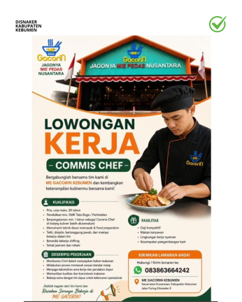 Lowongan Kerja Mie Gacorin Kebumen: Posisi Commis Chef