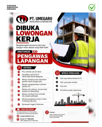 Lowongan Kerja PT. Umegaru Kebumen (Pengawas Lapangan)
