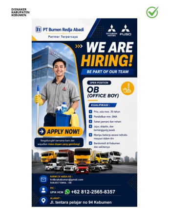 Lowongan Kerja PT Bumen Redja Abadi Kebumen: Posisi OB (Office Boy)