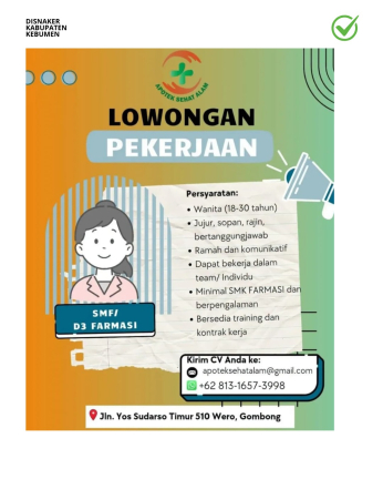 Lowongan Kerja Apotek Sehat Alam Gombong (Tenaga Farmasi)