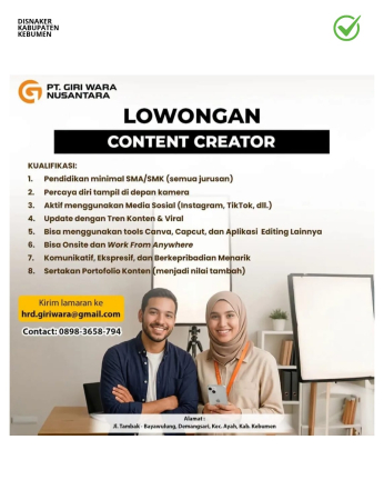 Lowongan Kerja PT Giri Wara Nusantara (Rekrutmen Content Creator)
