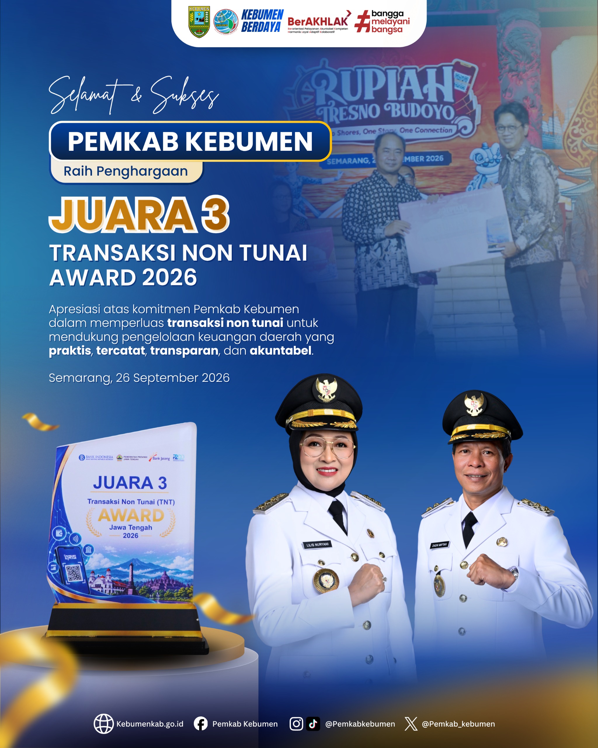 Berhasil Dorong Transparansi Keuangan, Pemkab Kebumen Raih Juara 3 Transaksi Non Tunai Award Jawa Tengah 2026