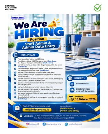 Lowongan Kerja PT Indotama Rekrutmen Staff Admin & Admin Data Entry