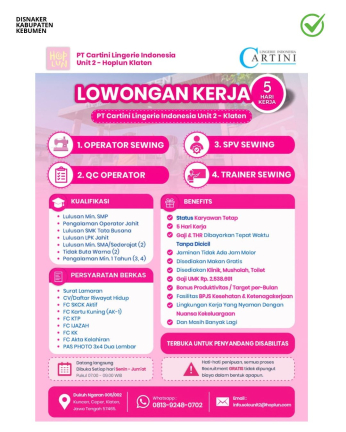 Lowongan Kerja di PT Cartini Lingerie Indonesia Unit 2 Klaten