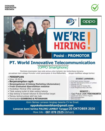 Lowongan Kerja Promotor OPPO di PT World Innovative Telecommunication