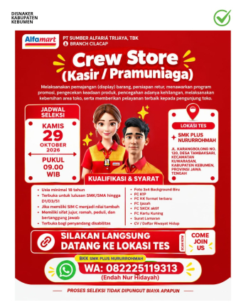 Lowongan Kerja Crew Store Alfamart (Kasir / Pramuniaga) Penempatan Kebumen
