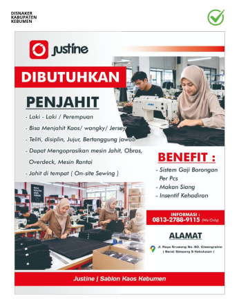 Lowongan Kerja Penjahit di Justine Sablon Kaos Kebumen